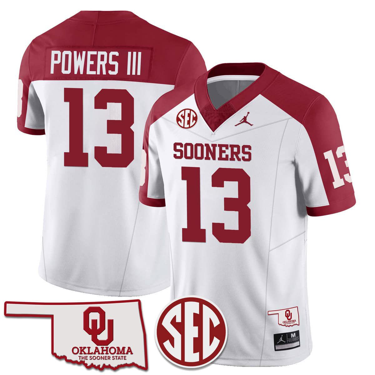 Men Oklahoma Sooners 13 Powers iii White 2024 SEC Patch Vapor Premier Limited NCAA Jersey style 1
